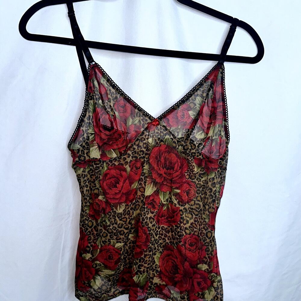 Victoria Secret Womens Size Medium Sheer Mesh Camisole Y2K Leopard Red Rose